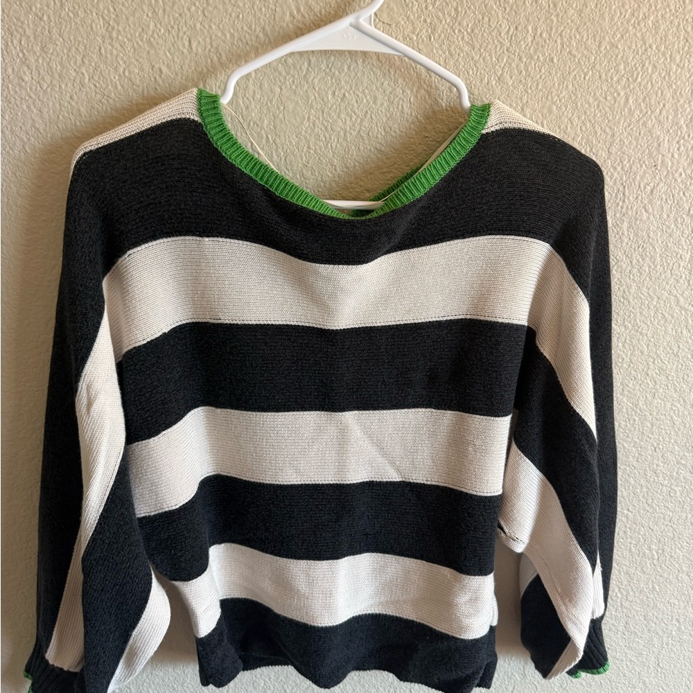 Maeve Anthropologie Slouchy Boatneck Black & White Striped Sweater Green Touch - Picture 8 of 10